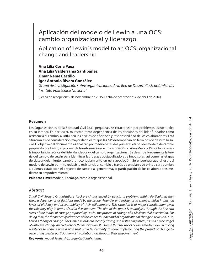 PDF) Aplicación del Modelo de Lewin a una ocs: Cambio Organizacional y  Liderazgo.