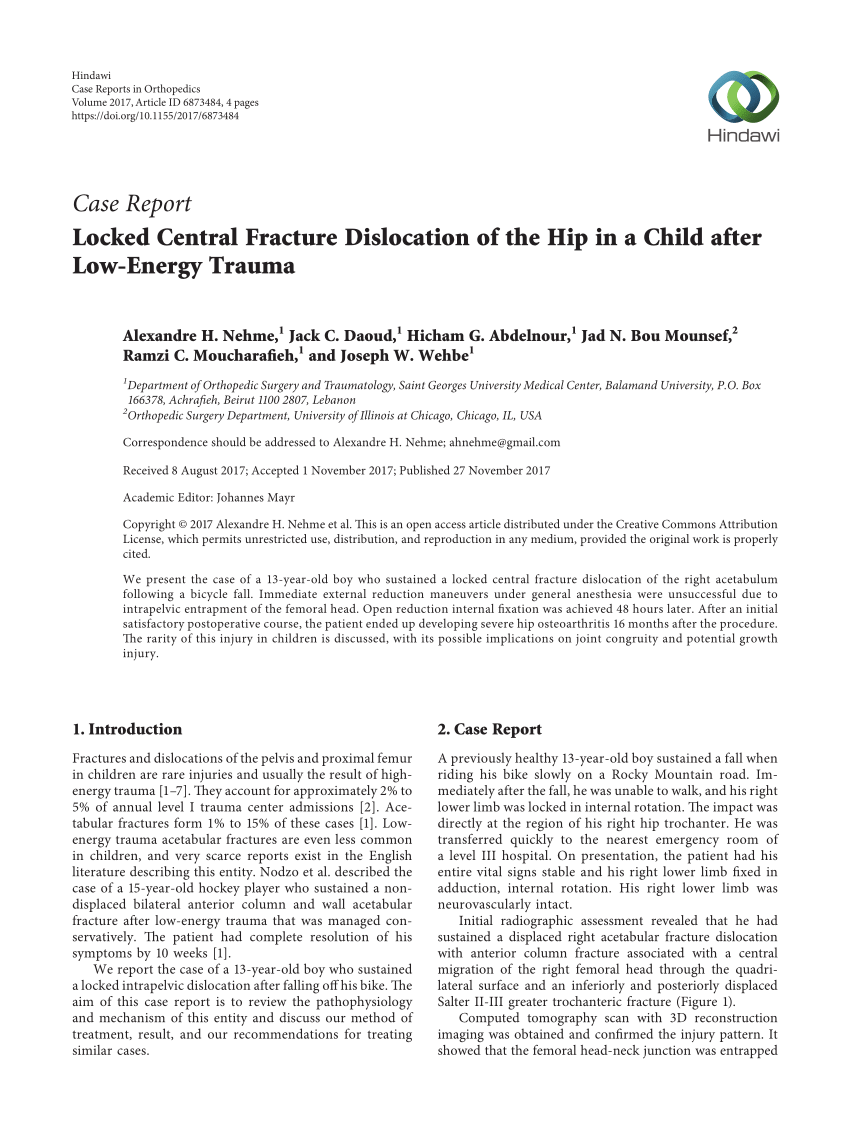 Pdf Locked Central Fracture Dislocation Of The Hip In A Child