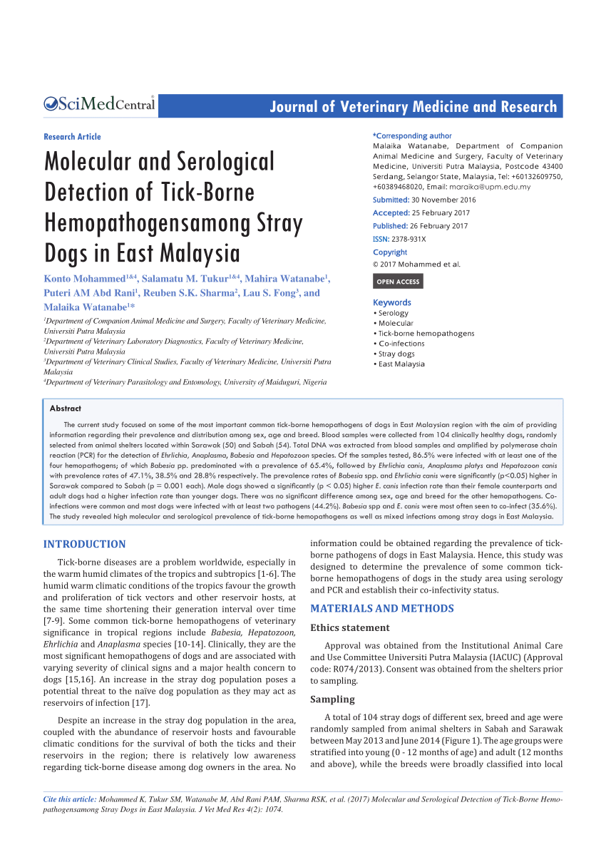 Pdf Molecular And Serological Detection Of Tick Borne Hemopathogens Among Stray Dogs In East Malaysia