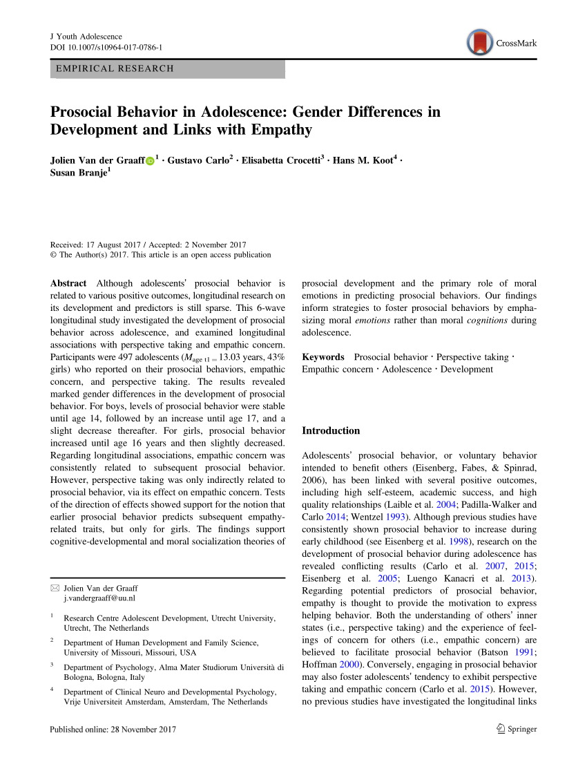 PDF) Prosocial Behavior in Adolescence: Gender Differences in