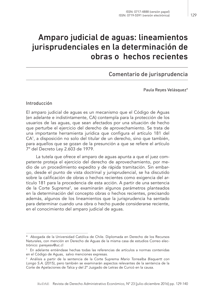 PDF) Amparo judicial de aguas: lineamientos jurisprudenciales en la  determinación de obras o hechos recientes