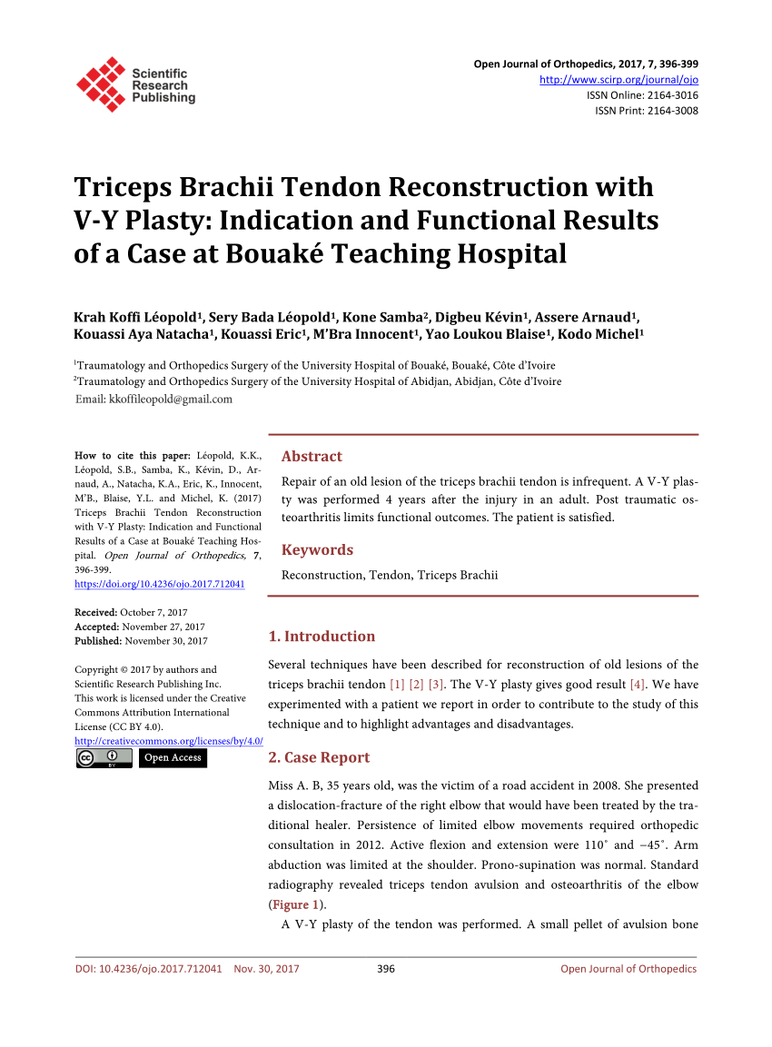Pdf Triceps Brachii Tendon Reconstruction With V Y Plasty Indication And Functional Results Of A Case At Bouake Teaching Hospital