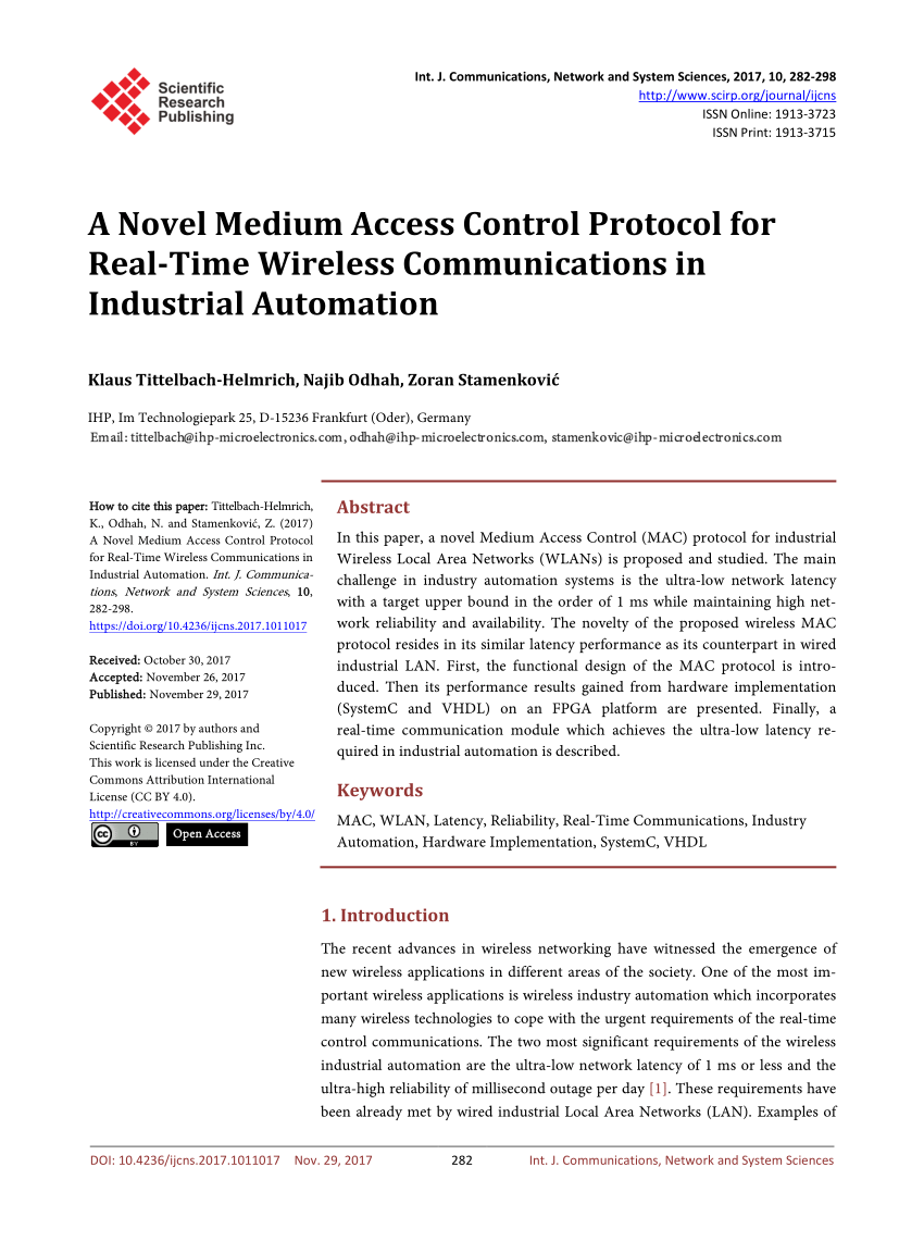 Pdf A Novel Medium Access Control Protocol For Real Time Wireless Communications In Industrial Automation