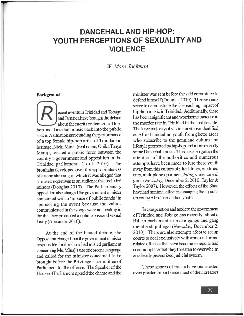 Pdf Dancehall And Hip Hop Youth Perceptions Of Sexuality And Violence