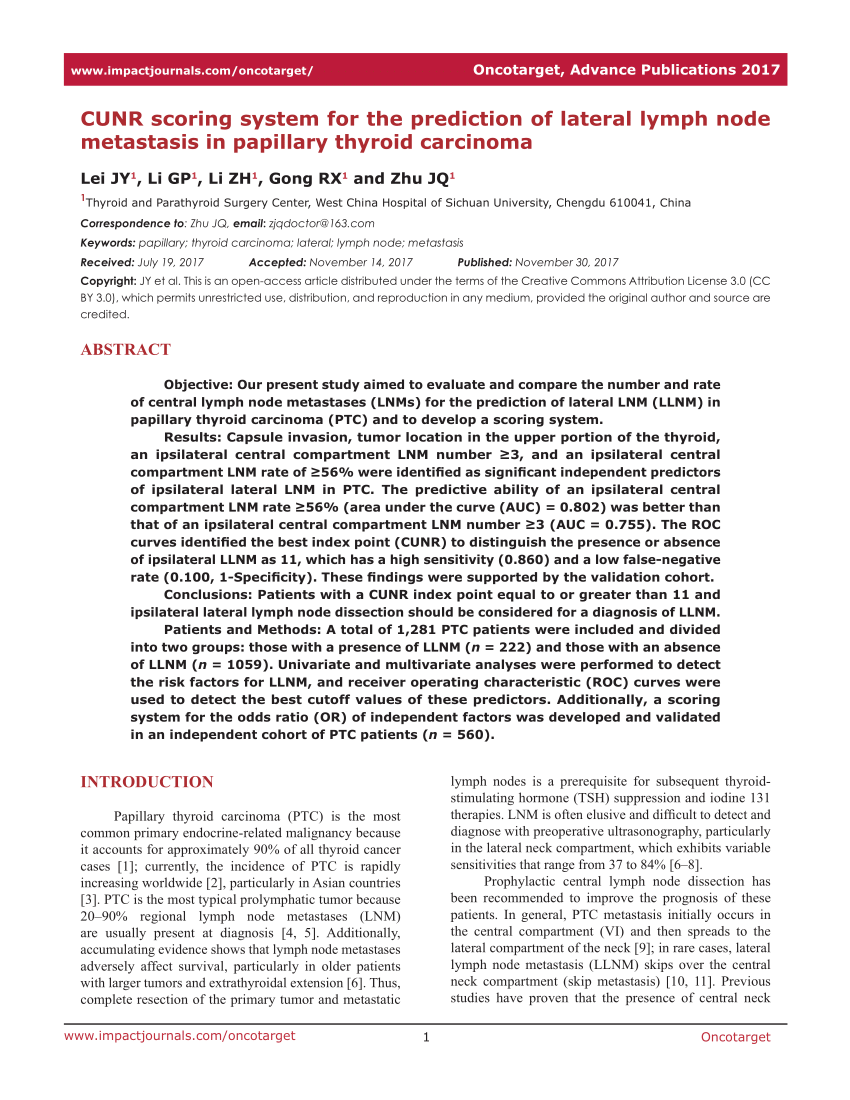 Pdf Cunr Scoring System For The Prediction Of Lateral Lymph Node Metastasis In Papillary 