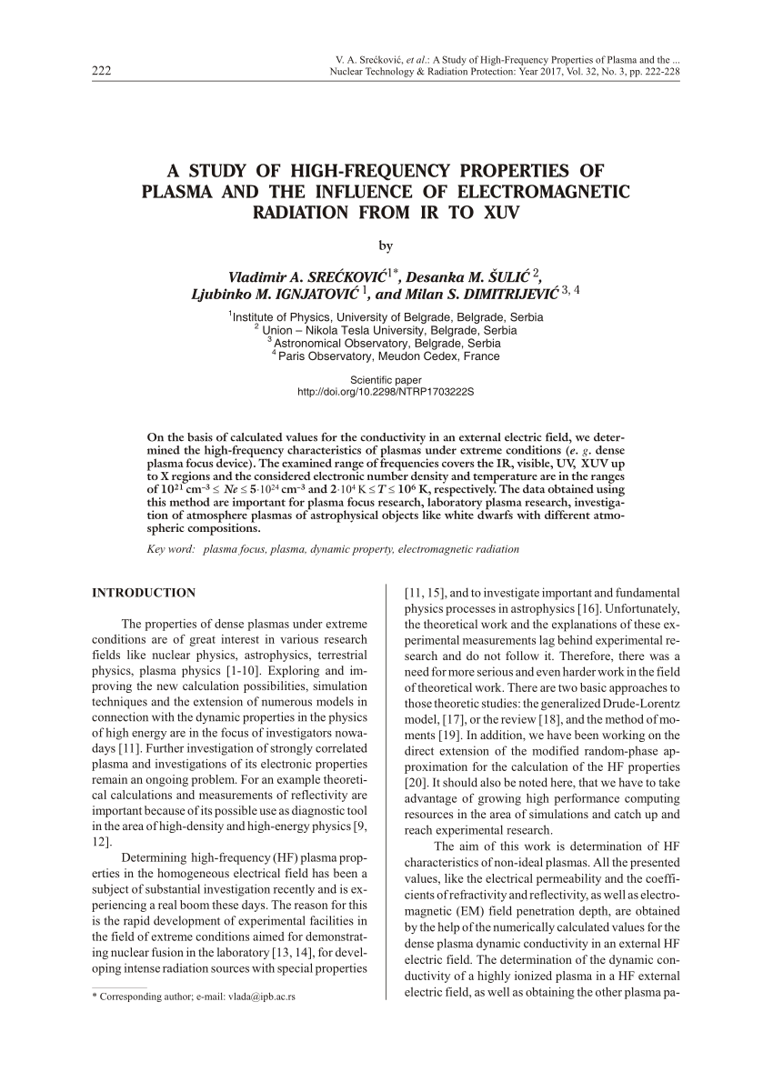 Pdf A Study Of High Frequency Properties Of Plasma And The Influence Of Electromagnetic Radiation From Ir To Xuv