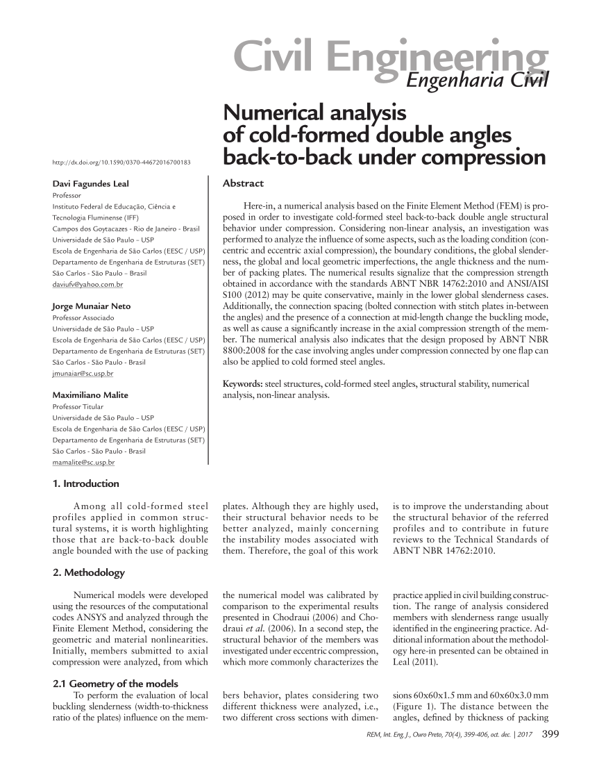 Pdf Numerical Analysis Of Cold Formed Double Angles Back To Back Under Compression