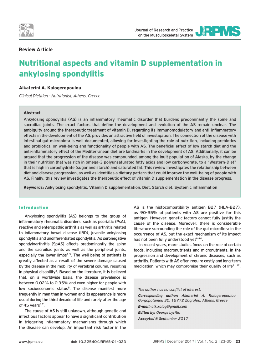 Pdf Nutritional Aspects And Vitamin D Supplementation In Ankylosing Spondylitis