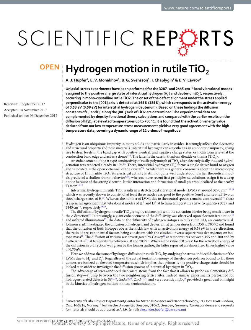 Pdf Hydrogen Motion In Rutile Tio2