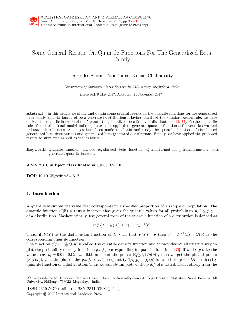 Pdf Some General Results On Quantile Functions For The Generalized Beta Family