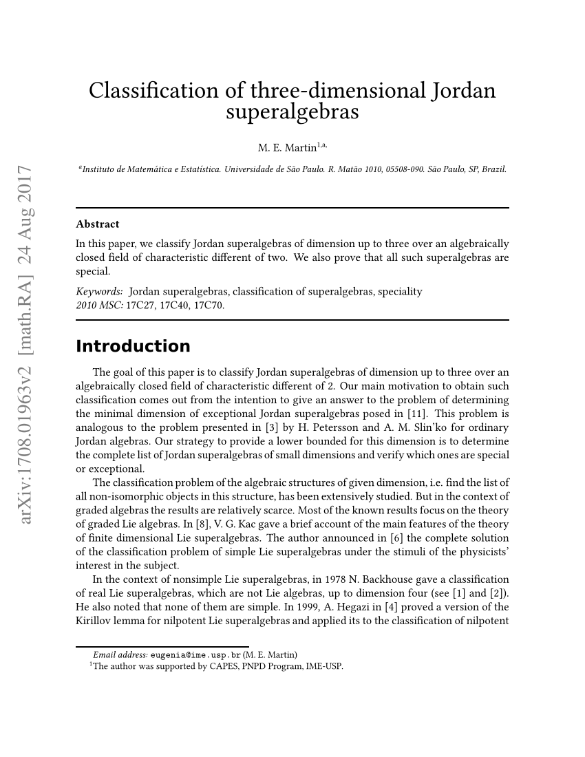 (PDF) Classification of three-dimensional Jordan superalgebras