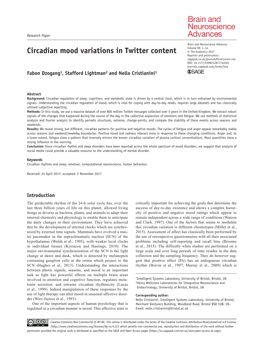 Pdf Circadian Mood Variations In Twitter Content