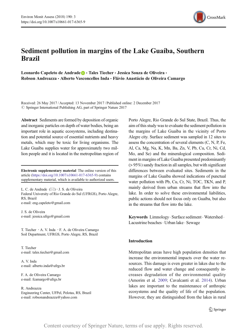 Sediment Pollution In Margins Of The Lake Guaiba Southern Brazil Request Pdf