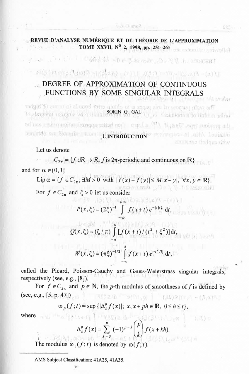Pdf Degree Of Approximation Of Continuous Functions By Some Singular Integrals