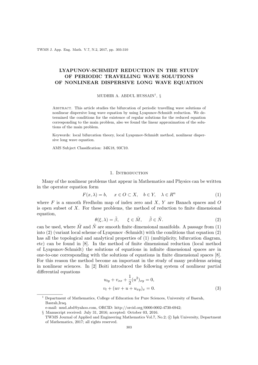 (PDF) LYAPUNOV-SCHMIDT REDUCTION IN THE STUDY OF PERIODIC TRAVELLING ...