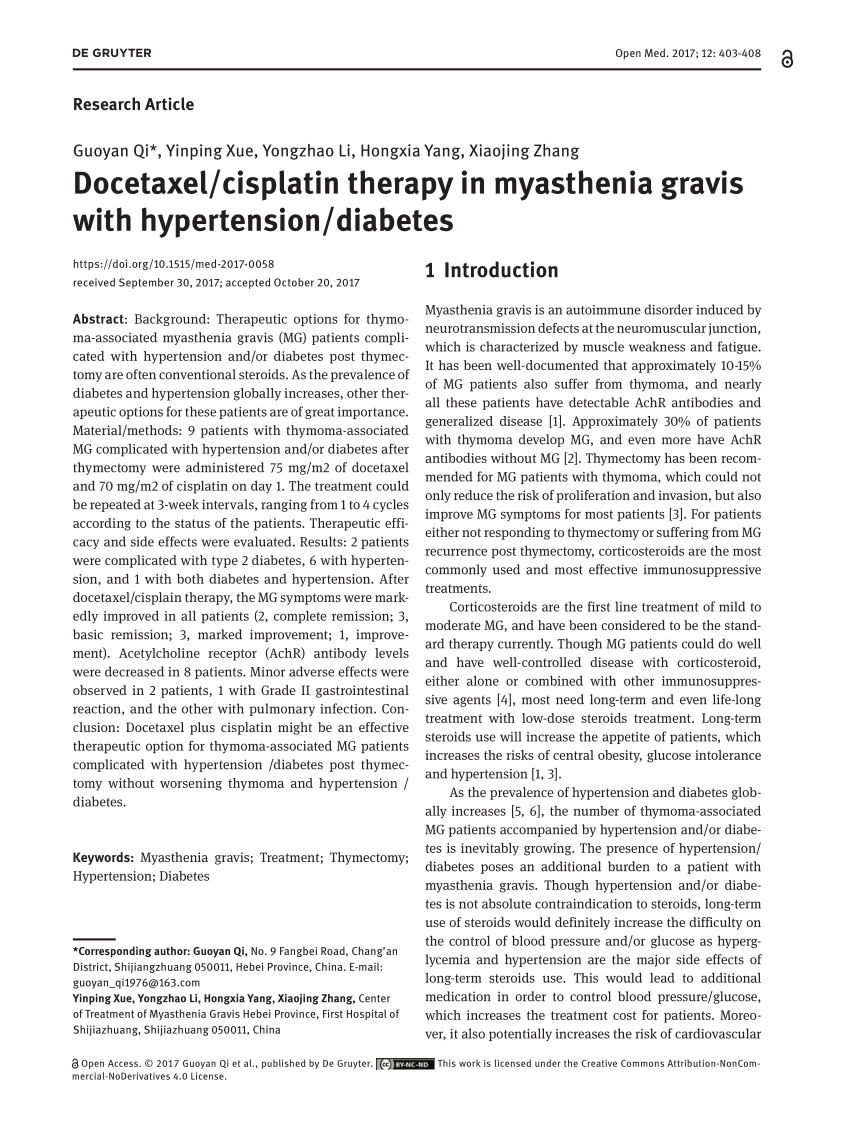 PDF) Docetaxel/cisplatin Therapy in Myasthenia Gravis with  Hypertension/diabetes