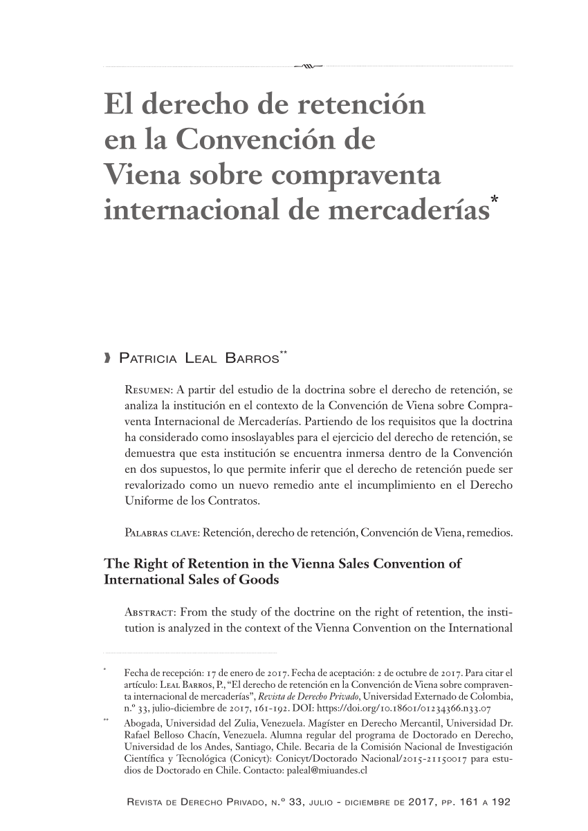 Pdf El Derecho De Retención En La Convención De Viena Sobre Compraventa Internacional De 5091