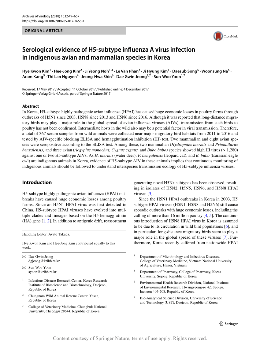 Serological Evidence Of H5 Subtype Influenza A Virus Infection In Indigenous Avian And Mammalian Species In Korea Request Pdf