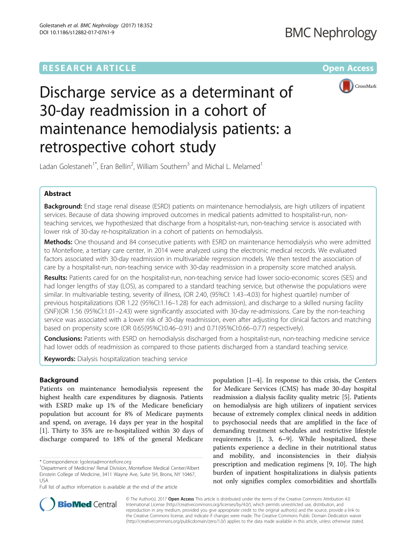 PDF) Discharge service as a determinant of 30-day readmission in a cohort  of maintenance hemodialysis patients: A retrospective cohort study