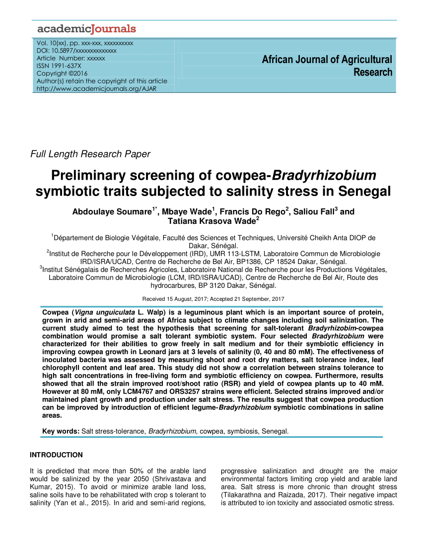 PDF Preliminary screening of cowpea Bradyrhizobium symbiotic  