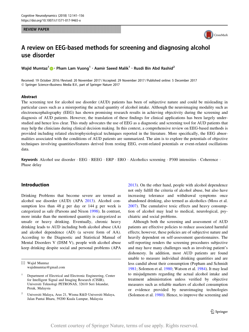 A review on EEG-based methods for screening and diagnosing alcohol 