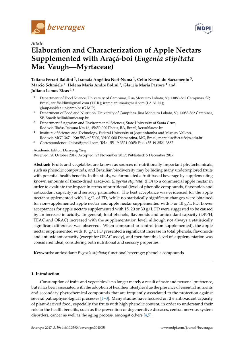 Pdf Elaboration And Characterization Of Apple Nectars Supplemented With Araca Boi Eugenia Stipitata Mac Vaugh Myrtaceae