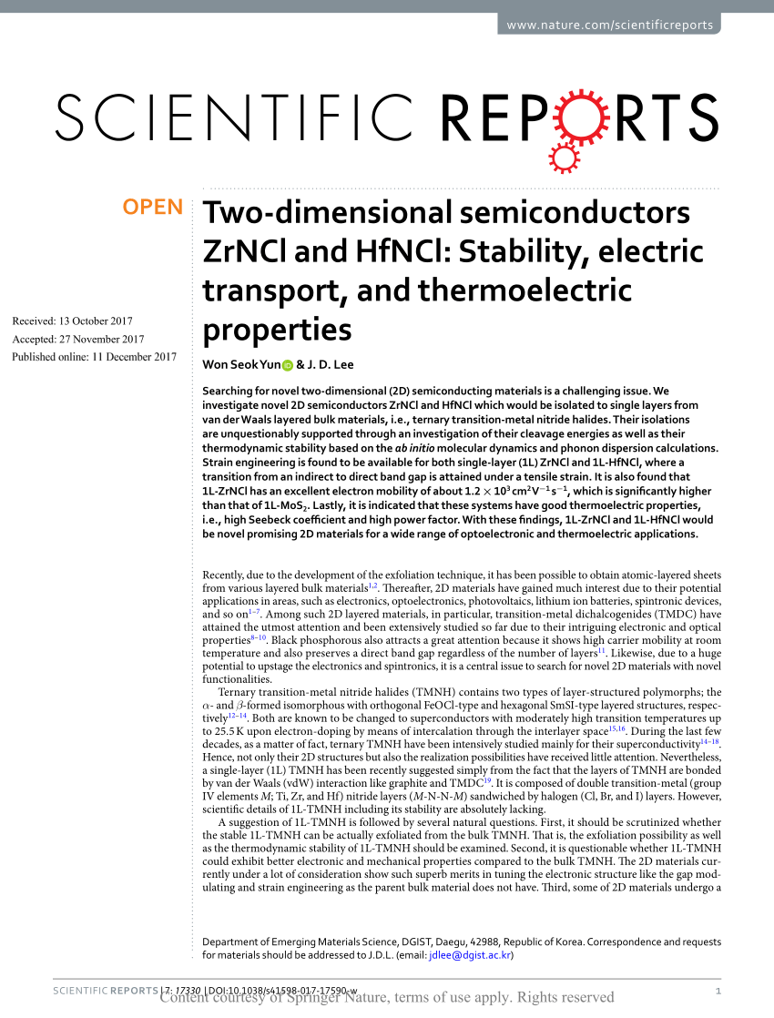 PDF) Two-dimensional semiconductors ZrNCl and HfNCl: Stability 