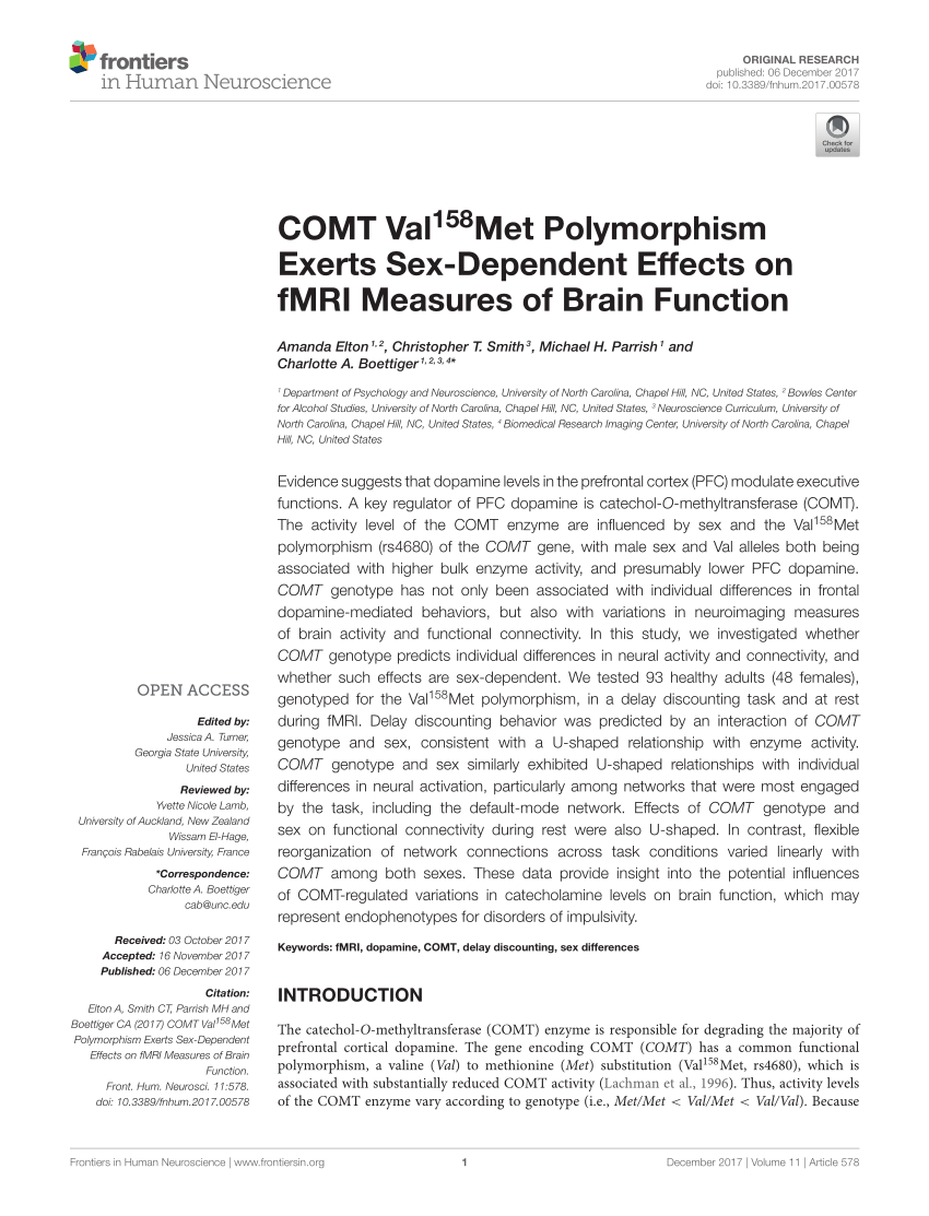 Pdf Comt Val 158 Met Polymorphism Exerts Sex Dependent Effects On Fmri Measures Of Brain Function 7989