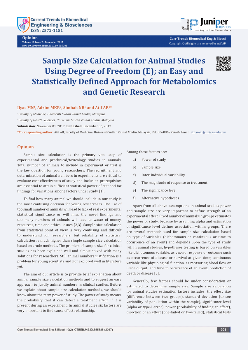 PDF) Sample Size Calculation for Animal Studies Using Degree of Freedom  (E); an Easy and Statistically Defined Approach for Metabolomics and  Genetic Research
