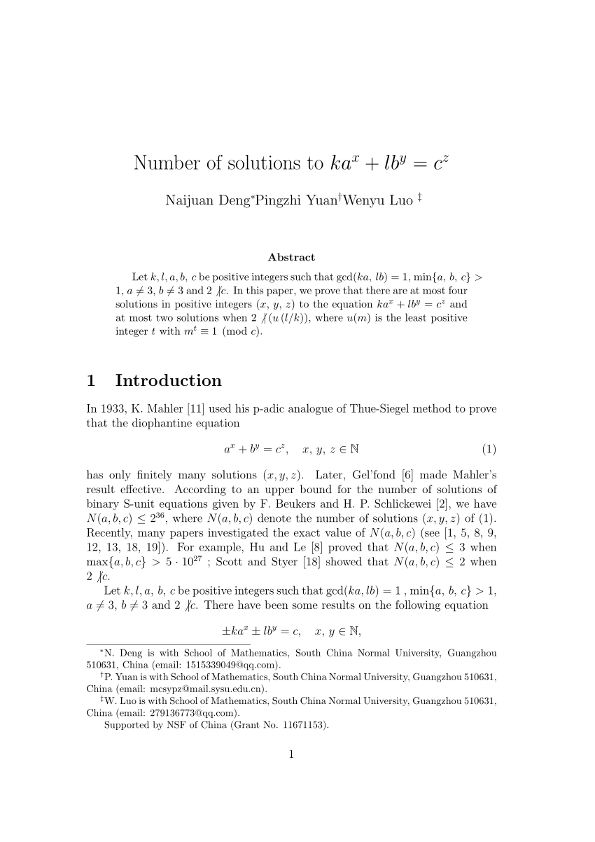 Pdf Number Of Solutions To Ka X Lb Y C Z