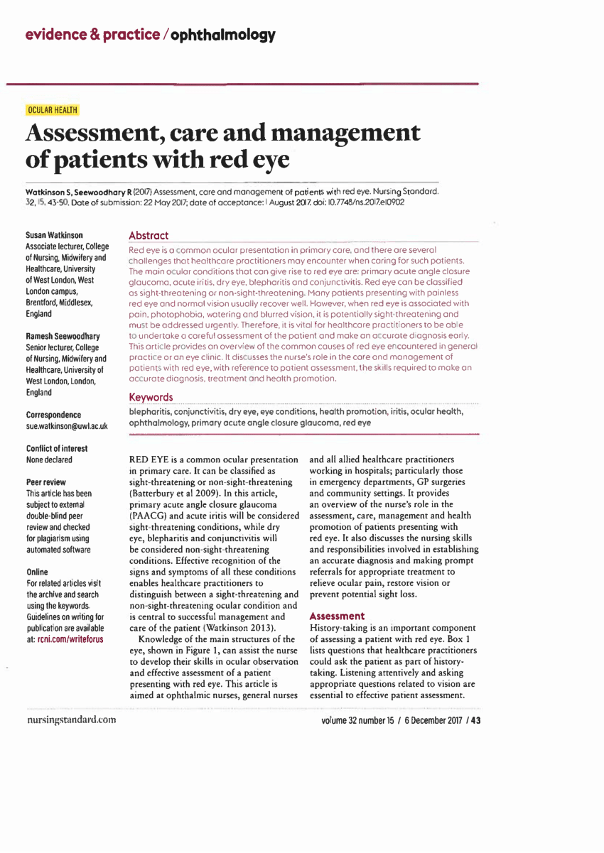 PDF) Assessment, care and management of patients with red eye