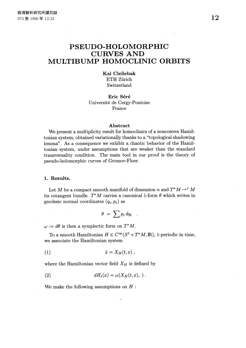 PDF) PSEUDO-HOLOMORPHIC CURVES AND MULTIBUMP HOMOCLINIC ORBITS