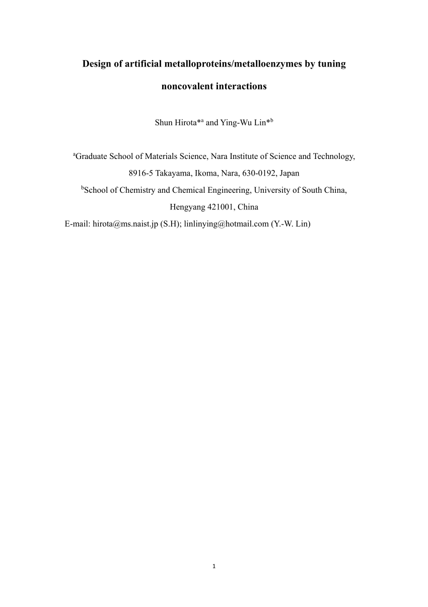 Pdf Design Of Artificial Metalloproteins Metalloenzymes By Tuning Noncovalent Interactions