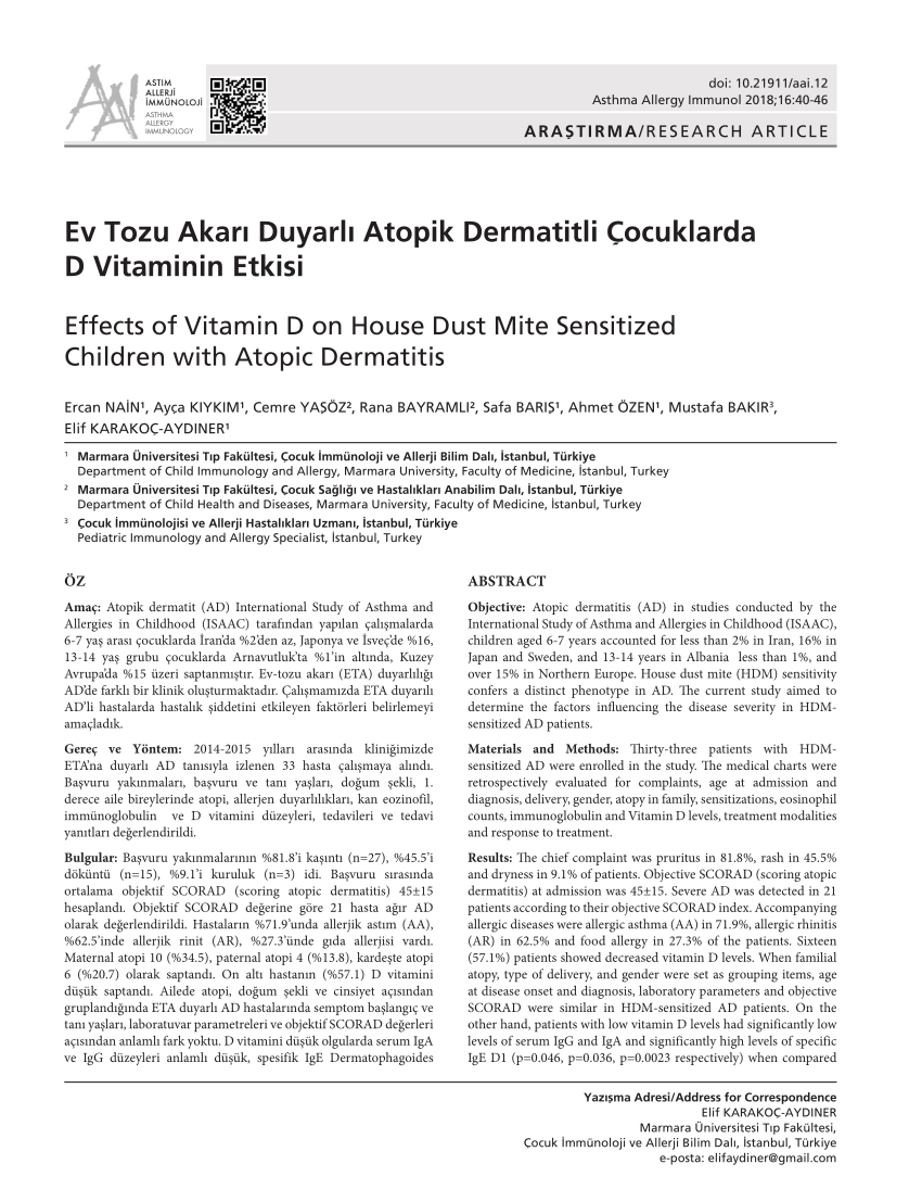 (PDF) Ev Tozu Akarı Duyarlı Atopik Dermatitli Çocuklarda D Vitaminin Etkisi