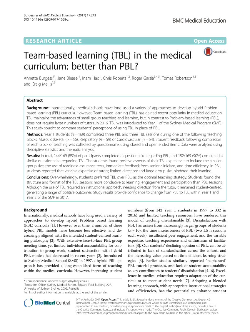 Pdf Team Based Learning Tbl In The Medical Curriculum Better Than Pbl
