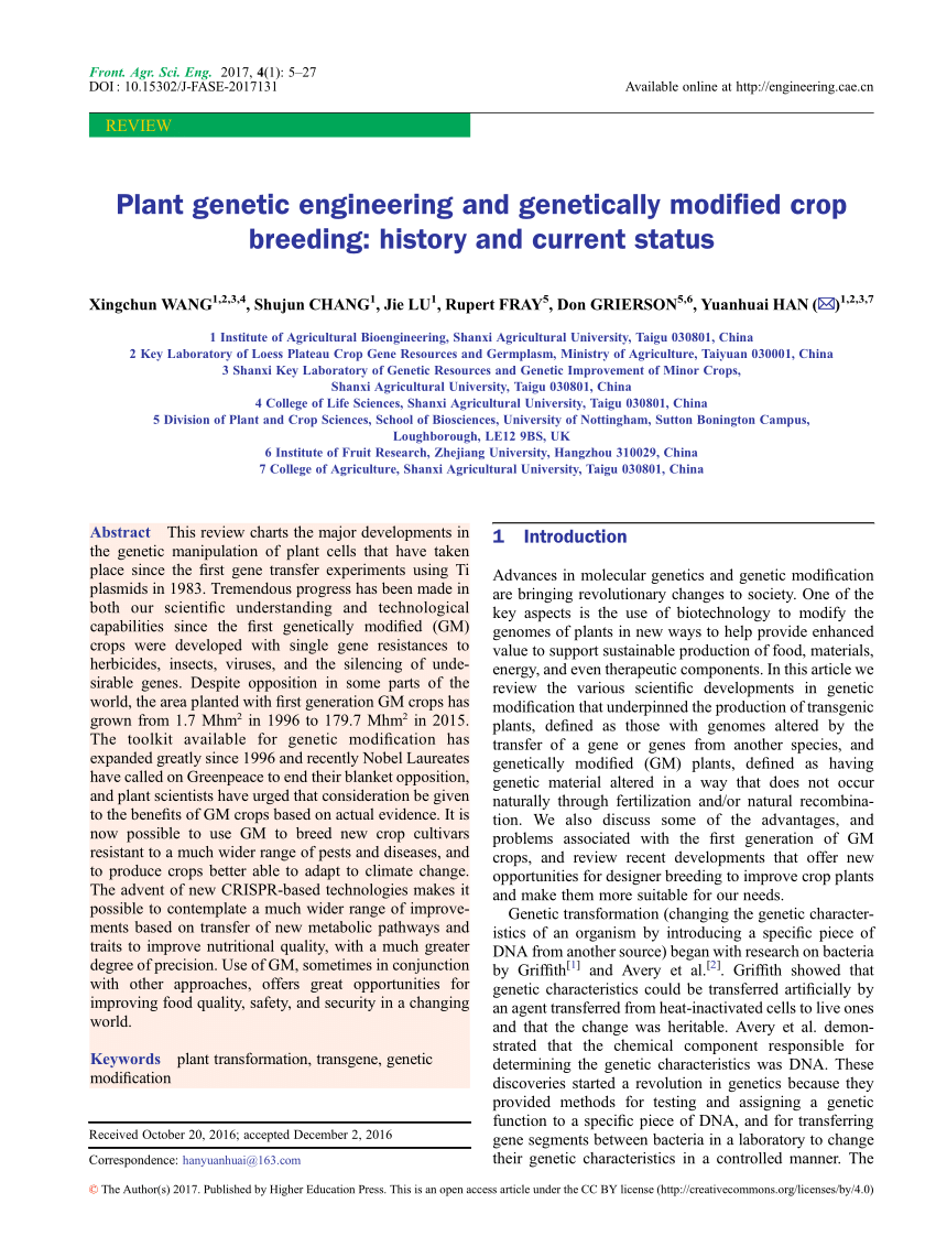 PDF) Plant genetic engineering and genetically modified crop ...