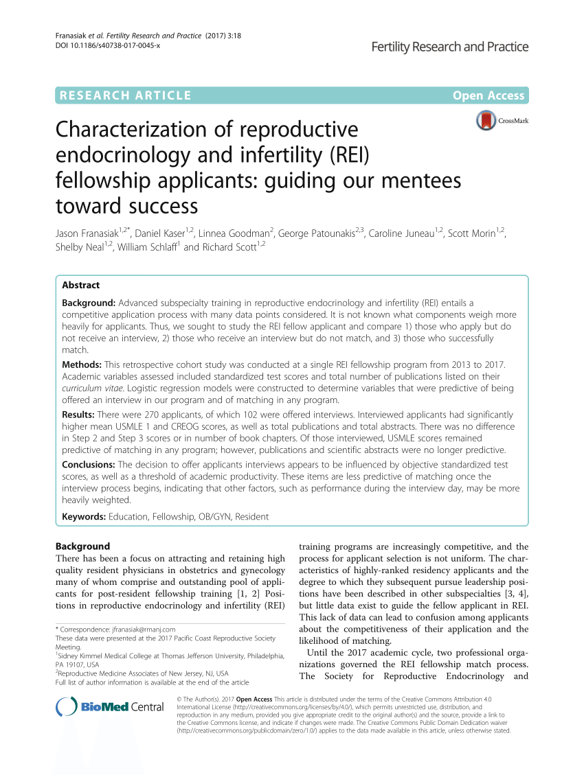 Pdf Characterization Of Reproductive Endocrinology And Infertility Rei Fellowship Applicants 