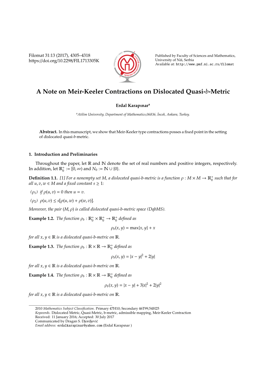 Pdf A Note On Meir Keeler Contractions On Dislocated Quasi B Metric