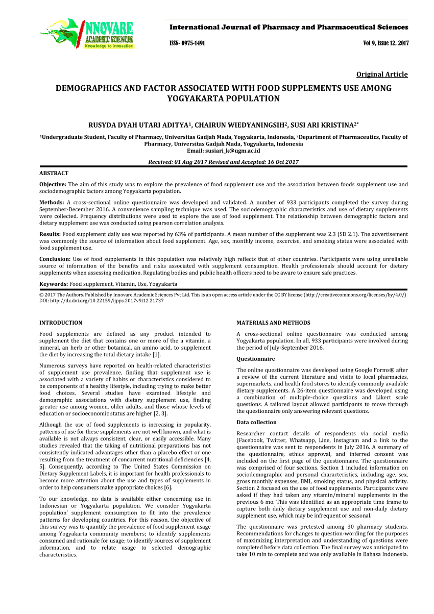 PDF) DEMOGRAPHICS AND FACTOR ASSOCIATED WITH FOOD SUPPLEMENTS USE AMONG  YOGYAKARTA POPULATION