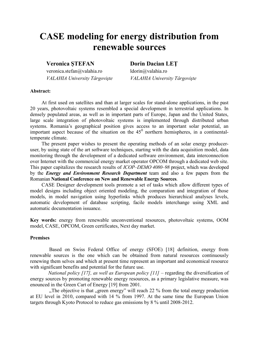 Pdf Case Modeling For Energy Distribution From Renewable Sources