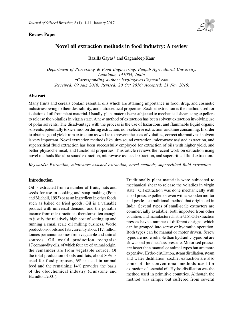 Pdf Novel Oil Extraction Methods In Food Industry A Review - 
