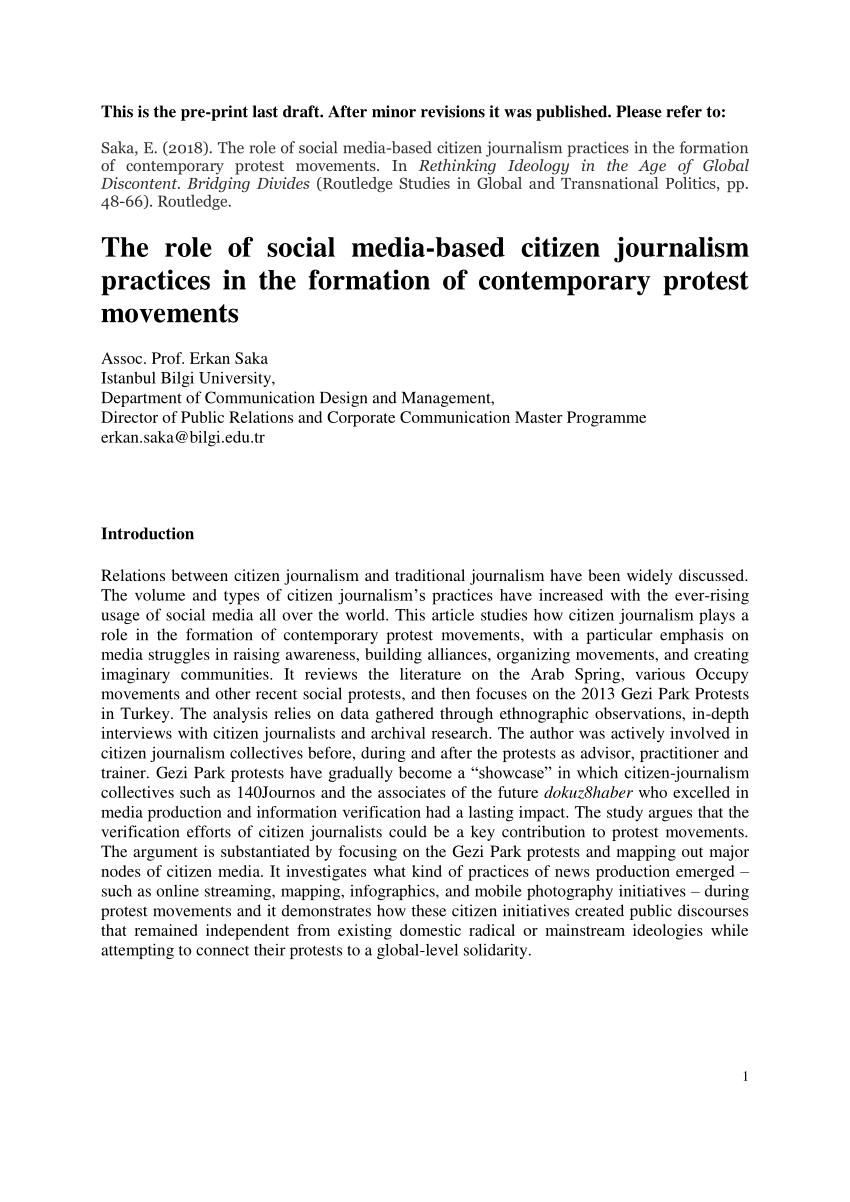 PDF) The role of social media-based citizen journalism practices in the  formation of contemporary protest movements