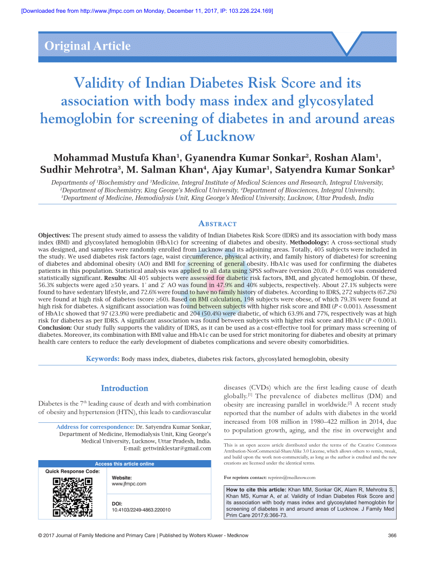 Pdf Validity Of Indian Diabetes Risk Score And Its Association