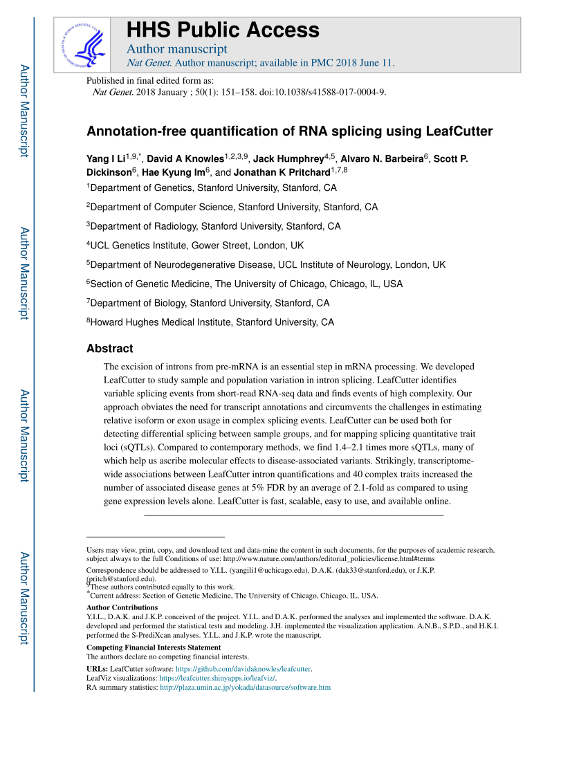 PDF) Annotation-free quantification of RNA splicing using LeafCutter