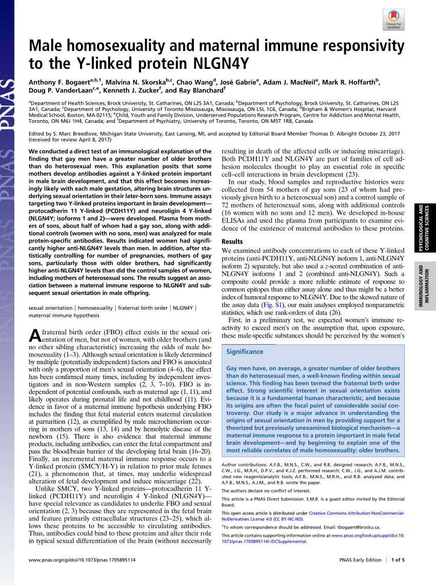 Pdf Male Homosexuality And Maternal Immune Responsivity To The Y Linked Protein Nlgn4y 