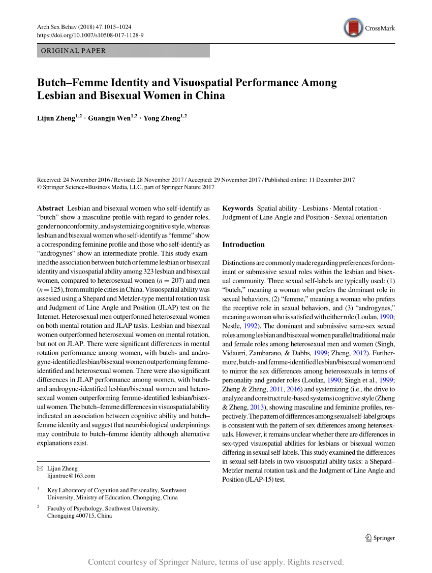 Butch–Femme Identity and Visuospatial Performance Among Lesbian and  Bisexual Women in China | Request PDF