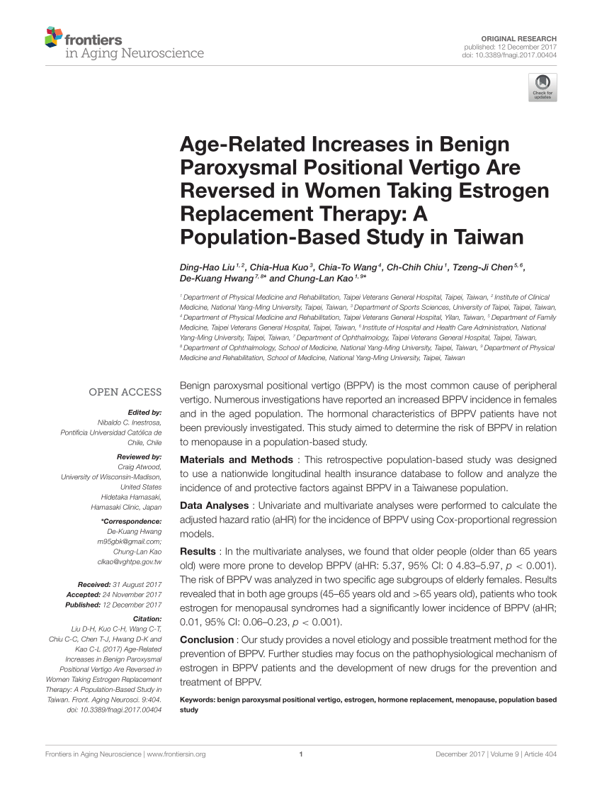 PDF) Age-Related Increases in Benign Paroxysmal Positional Vertigo Are  Reversed in Women Taking Estrogen Replacement Therapy: A Population-Based  Study in Taiwan
