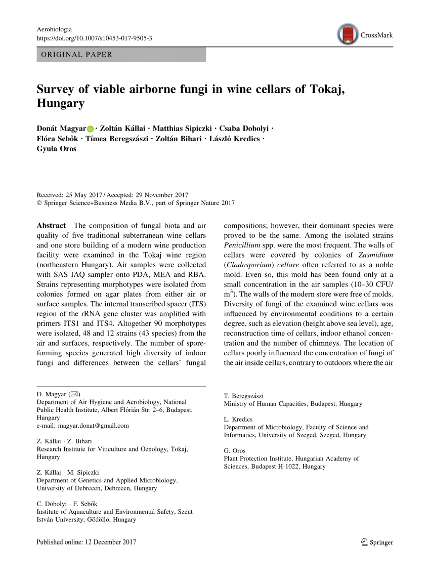 Pdf Survey Of Viable Airborne Fungi In Wine Cellars Of Tokaj Hungary