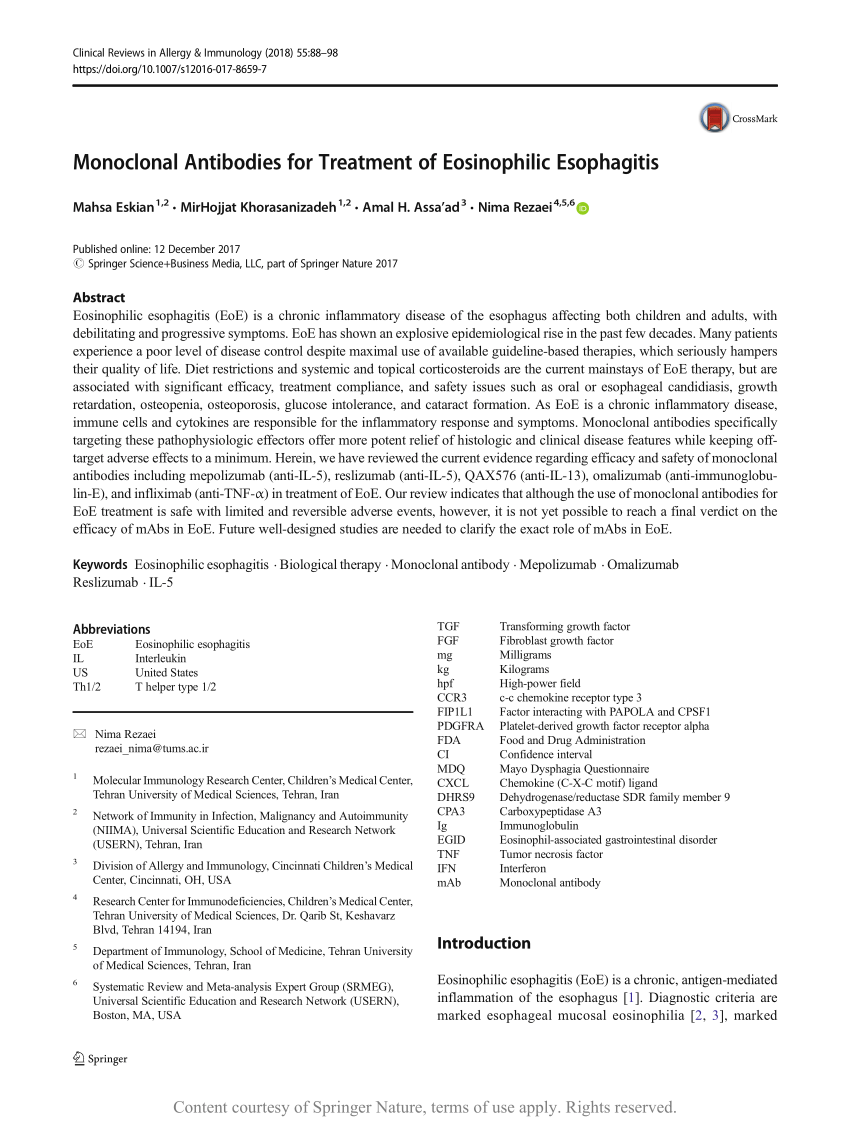 Monoclonal Antibodies For Treatment Of Eosinophilic Esophagitis Request Pdf 5572