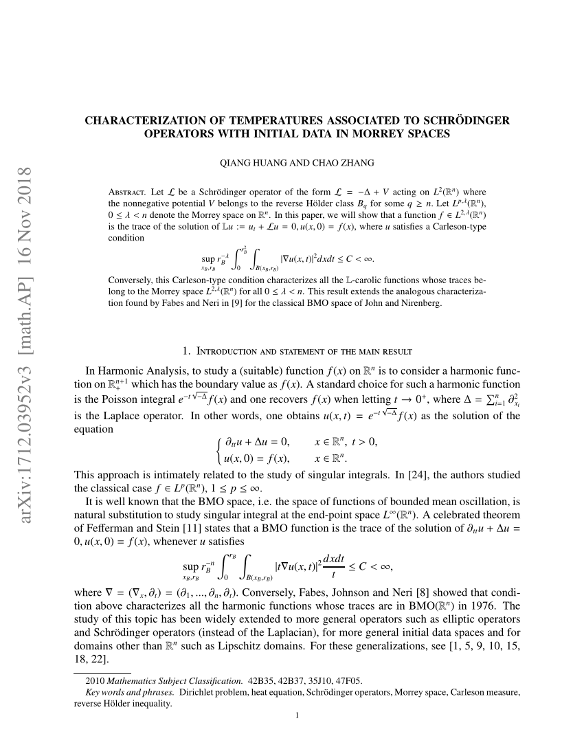 Pdf Characterization Of Temperatures Associated To Schrodinger Operators With Initial Data In Morrey Spaces